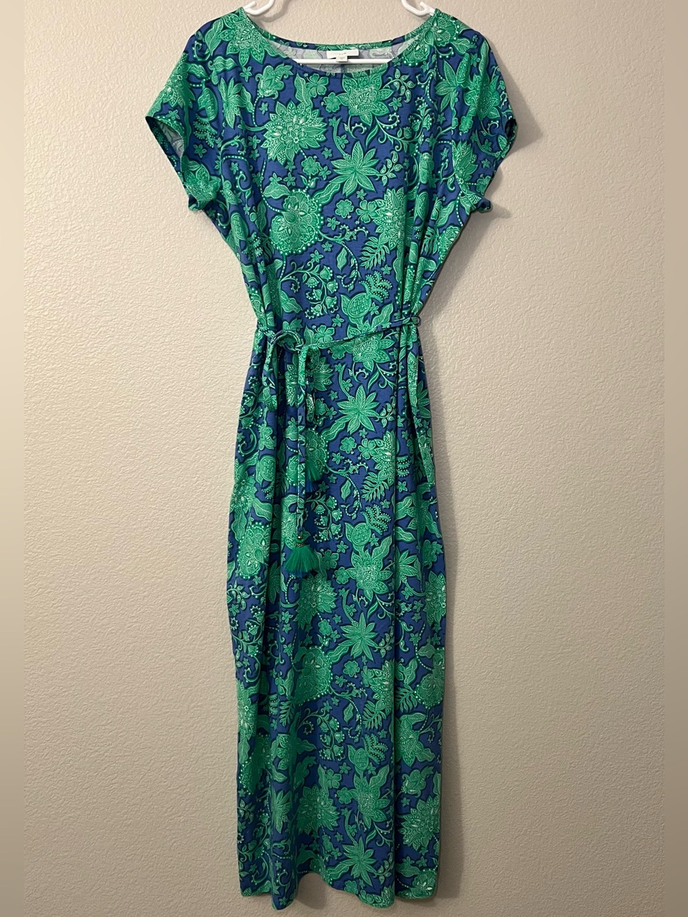J. Jill Blue Green Tropical Floral Maxi Dress Side Slits Tassel Tie Medium NWOT